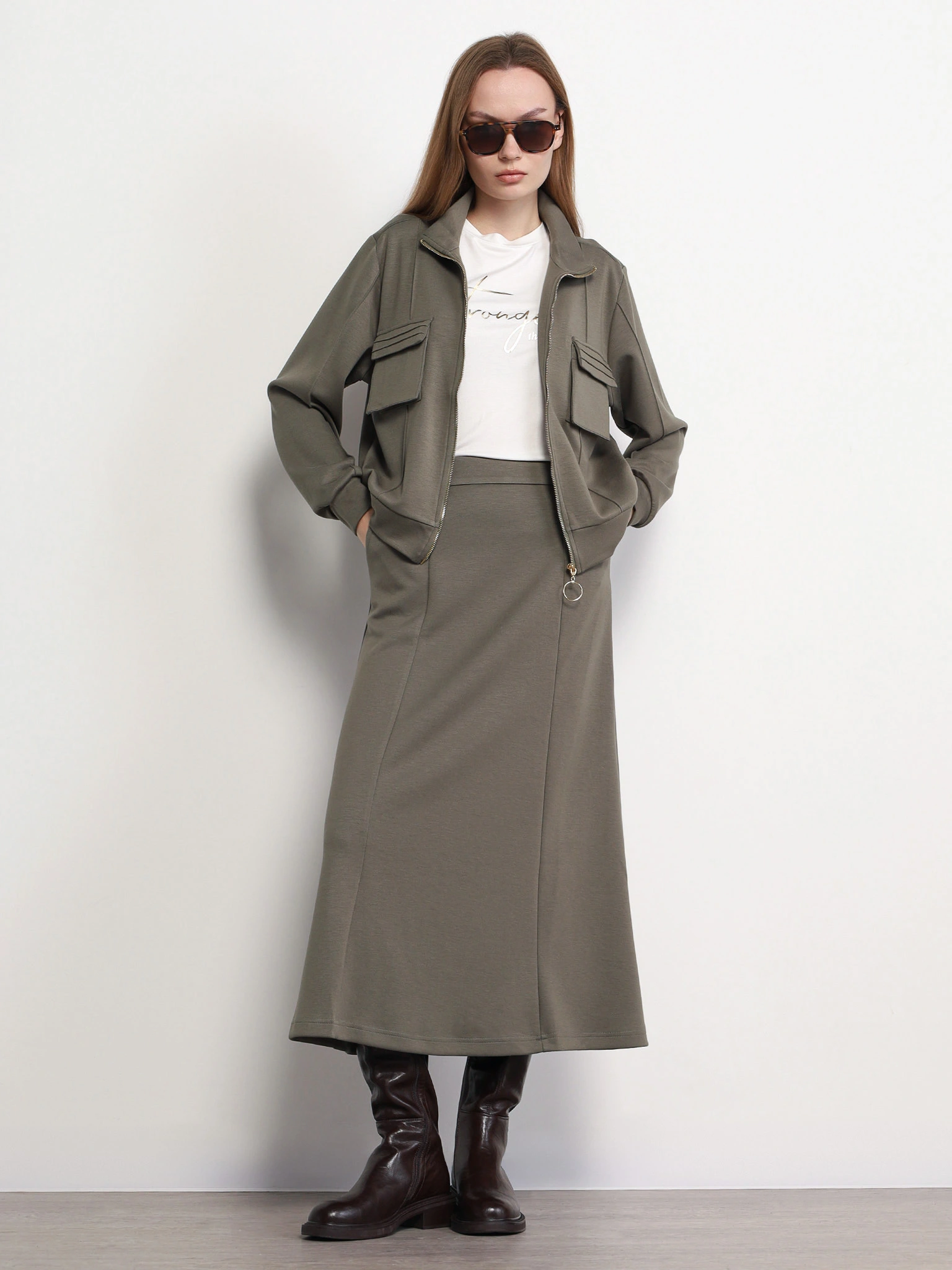 Юбка трикотажная цвета хаки А-силуэта